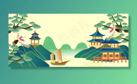 AI矢量国潮亭台春天插画图片