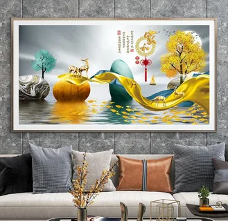 家和麋鹿山水装饰画图片