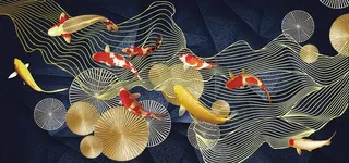 九鱼图金箔艺术挂画三联画图片
