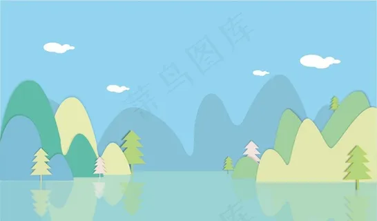 清新简约踏春山树云背景矢量图图片