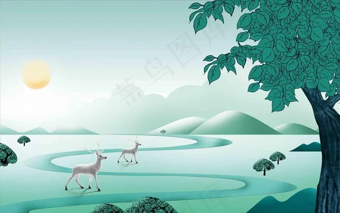 古典手绘风景插画海报展板背景图片(3345X2200(DPI:150))psd模版下载