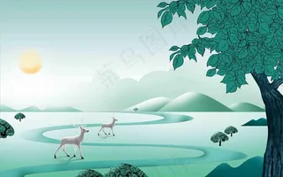 古典手绘风景插画海报展板背景图片