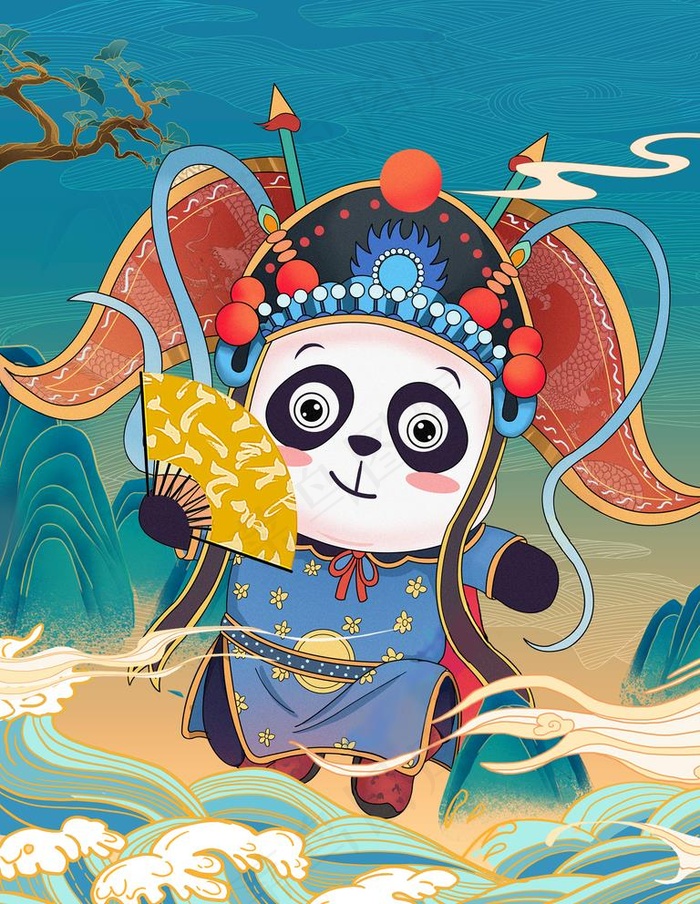 国潮风熊猫手绘插画图片