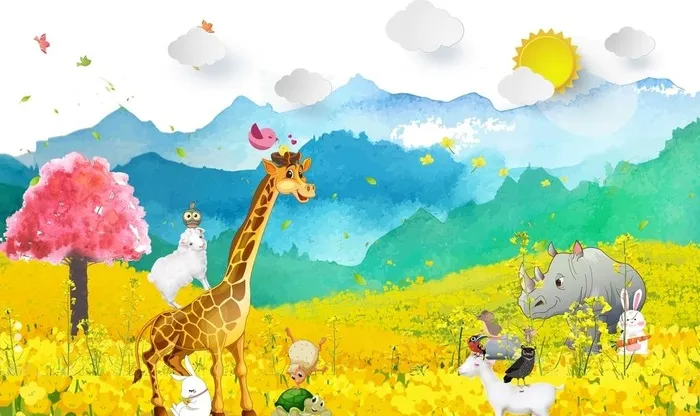 手绘长颈鹿儿童房背景墙图片(9071x5669)psd模版下载