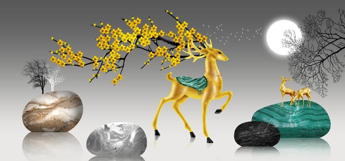 石来运转麋鹿意境山水装饰画图片(9449x4724)