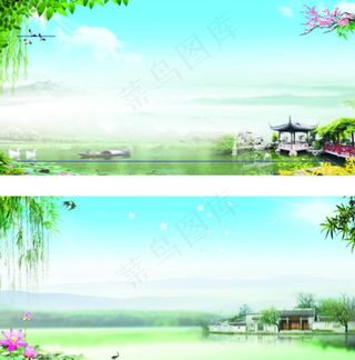 山水风景画背景展板图片