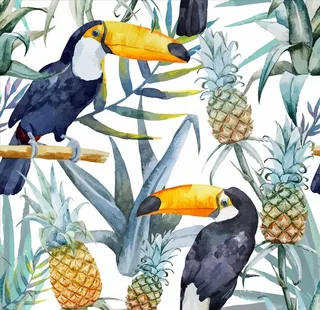 菠萝树叶大嘴鸟四方连续底纹图片