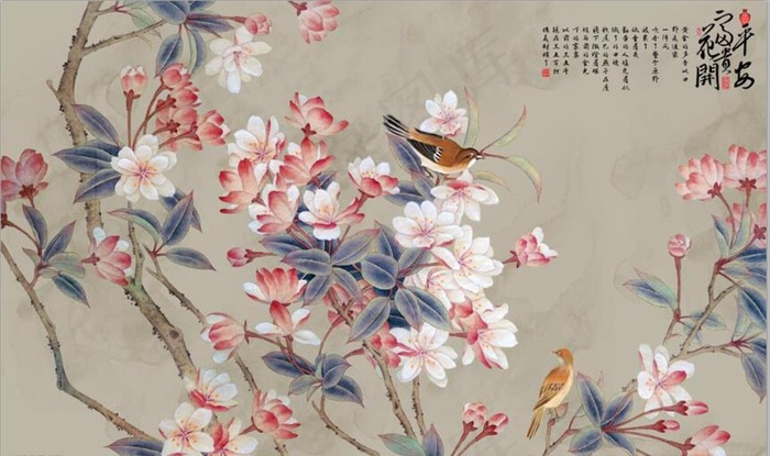 新中式手绘桃花国画电视背景墙图片(9071x5669)psd模版下载