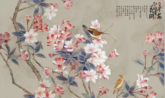新中式手绘桃花国画电视背景墙图片 新中式手绘桃花国画电视背景墙图片