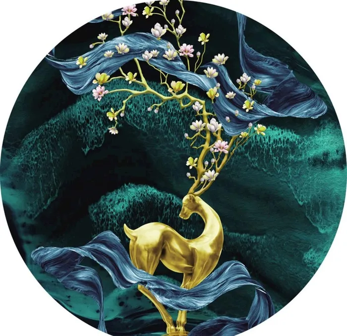 金属麋鹿绸布圆形挂画装饰画图片(3000x3000)psd模版下载