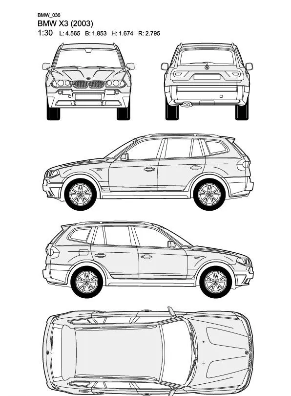宝马BMW X3(2003)汽车线稿图片ai矢量模版下载