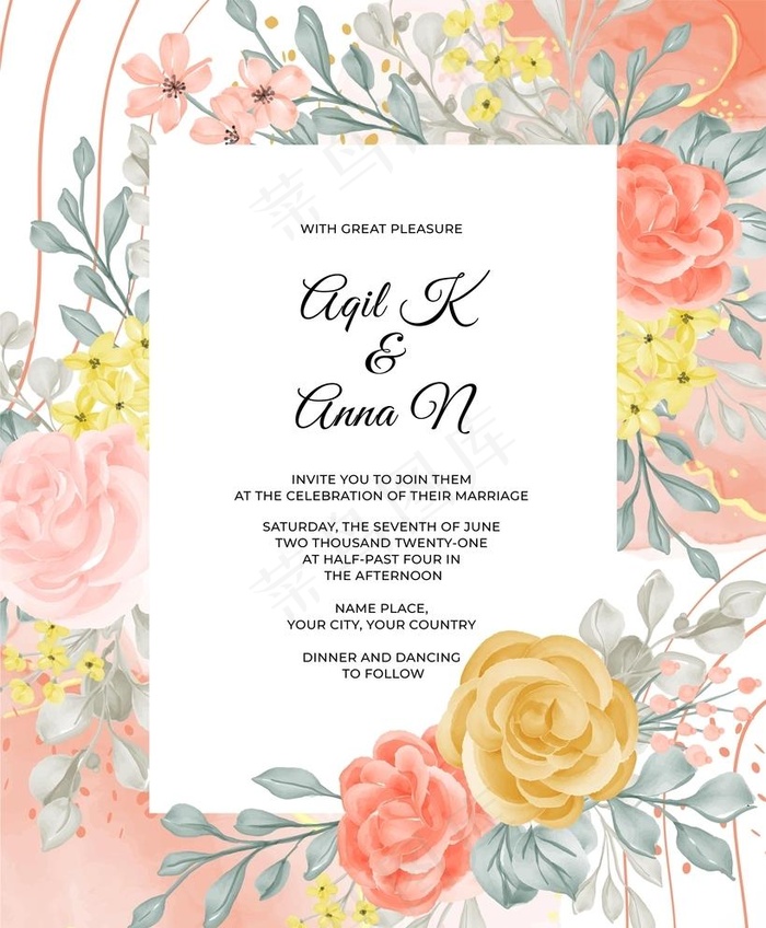 水彩花卉婚礼请柬图片