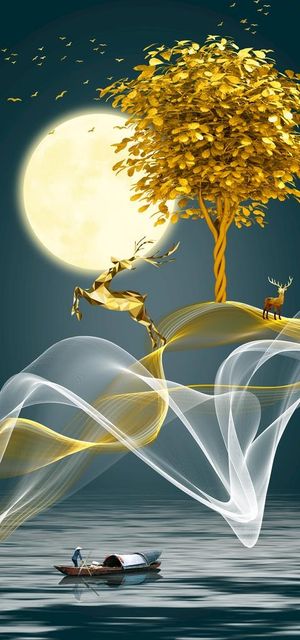 丝带金色麋鹿意境山水装饰画图片