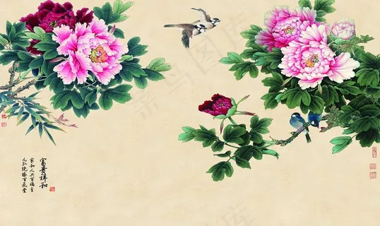 富贵祥和牡丹花鸟图图片