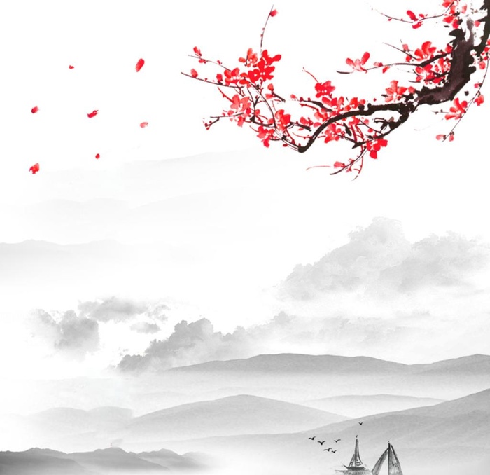 梅花山水墨画复古素材背景图片