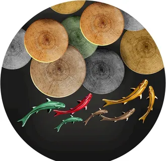 金色年轮九鱼图线条圆形装饰画图片