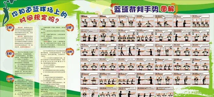 篮球场上时间及裁判手势展板图片cdr矢量模版下载