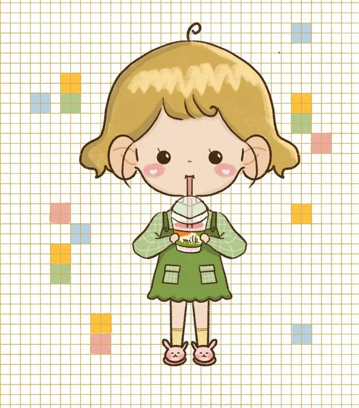 喝奶茶的女孩插画图片(2736x3000)psd模版下载