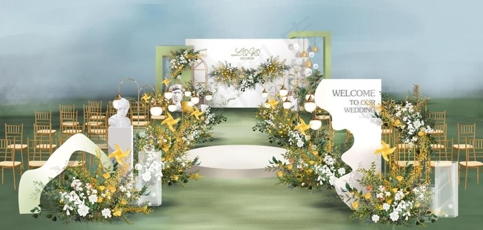 白绿色户外婚礼主舞台效果图图片