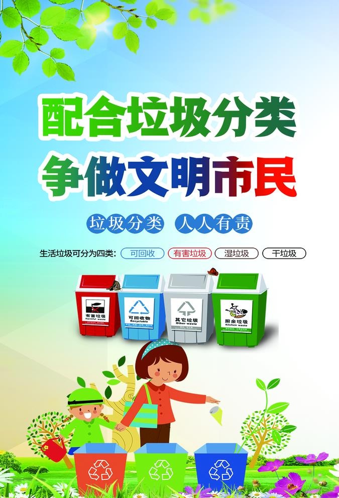 配合垃圾分类 争做文明市民图片(2740x4157)psd模版下载