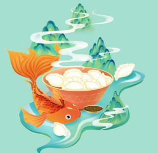 中国美食国潮风山水元素插画设计图片