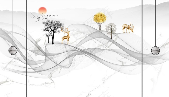 山水画树飘带梅花鹿线条背景墙图片