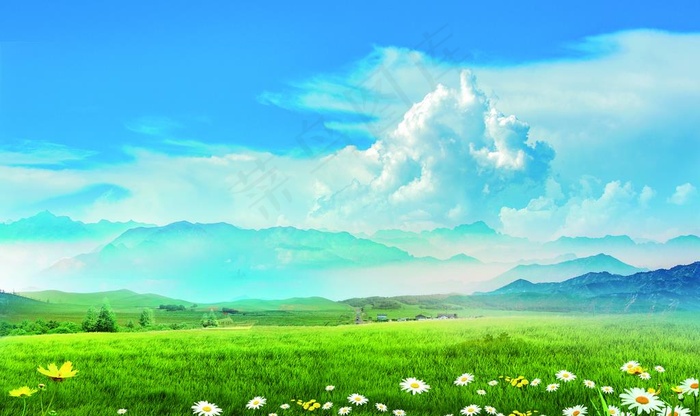 蓝天白云绿草地图片