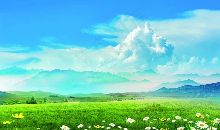 蓝天白云绿草地图片