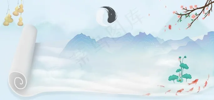 山水风景画书卷背景壁画图片