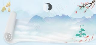 山水风景画书卷背景壁画图片