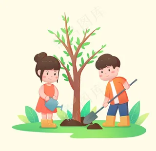 卡通小孩种树图片