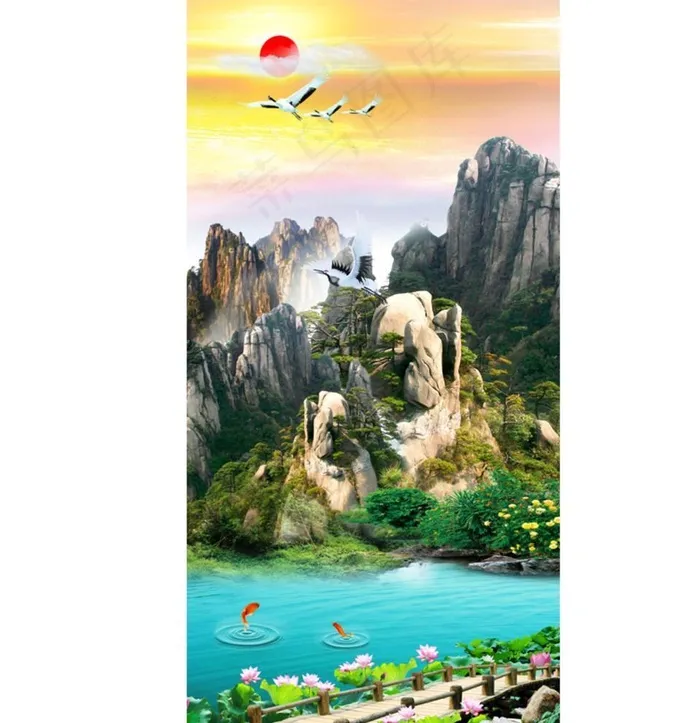 玄关 竖版 山水画 荷花 鲤鱼图片