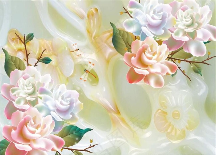 玉雕栀子花开牡丹玫瑰蜻蜓背景墙图片