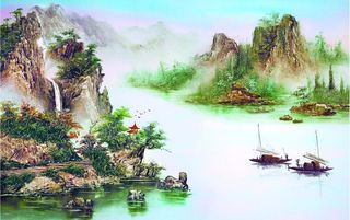 山水画水墨画油画风景湖水船只图片
