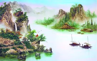 山水画水墨画油画风景湖水船只图片