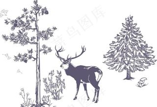 手绘松树梅花鹿图片