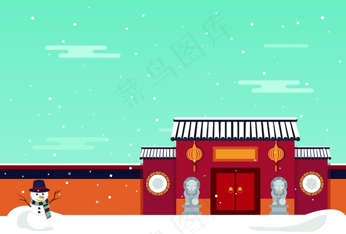 矢量中式下雪的庭院大门素材图片