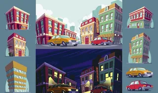 复古插画风街边建筑图片