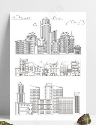 线描可爱卡通城市建筑高楼大厦手图片