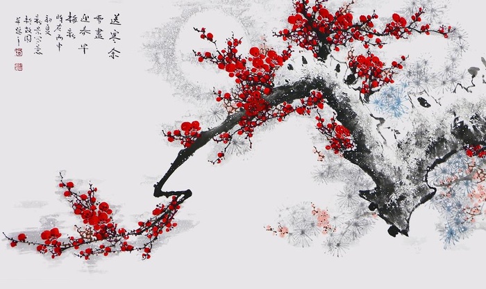 中国风水墨手绘梅花背景墙定制图片