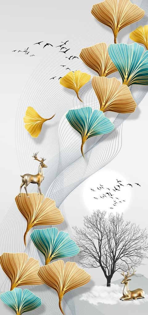 中式金色麋鹿银杏叶装饰画图片