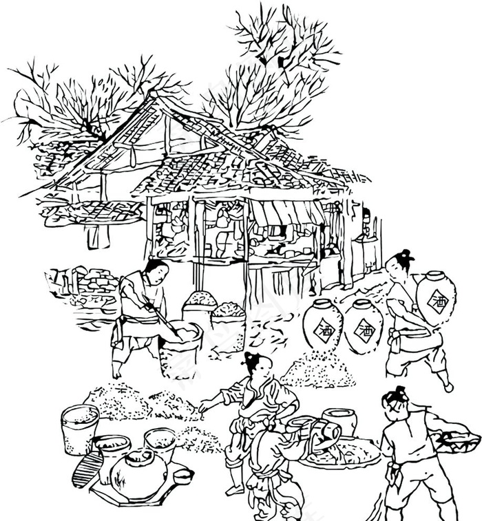 酿酒图古代传统行业白酒酿造图片