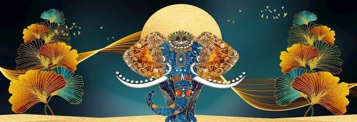 金色大象意境山水晶瓷画图片(12598x4724)psd模版下载
