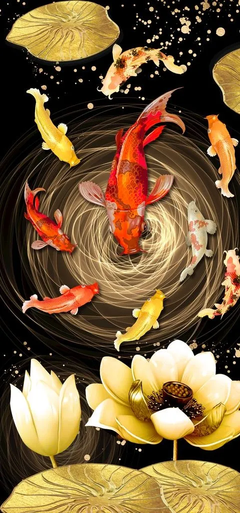 清荷墨韵金色荷花韵鲤鱼装饰画图片