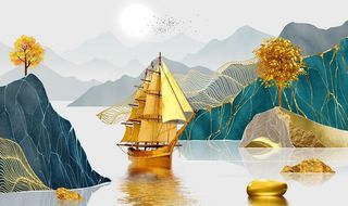 新中式金色帆船山水背景墙图片