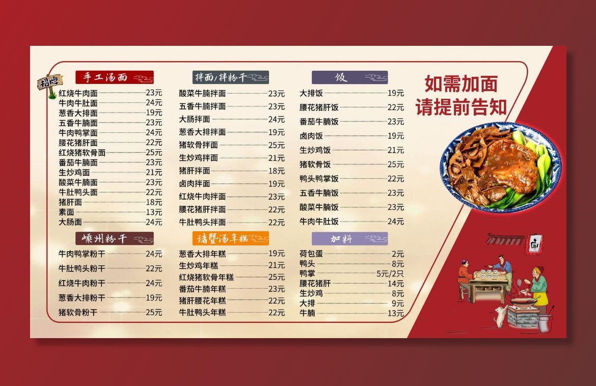 面馆价格表图片