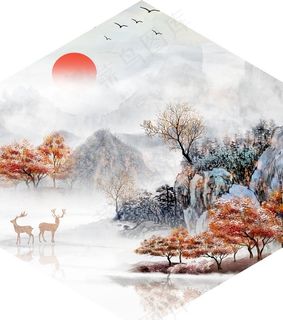 意境山水麋鹿装饰画图片