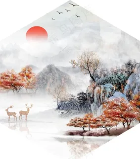 意境山水麋鹿装饰画图片 意境山水麋鹿装饰画图片