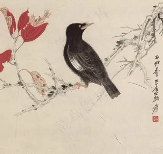 红叶鸣禽图片