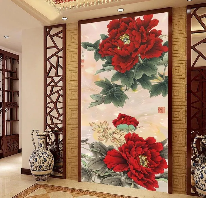 工笔牡丹花中式玄关图片(3402x6803)psd模版下载